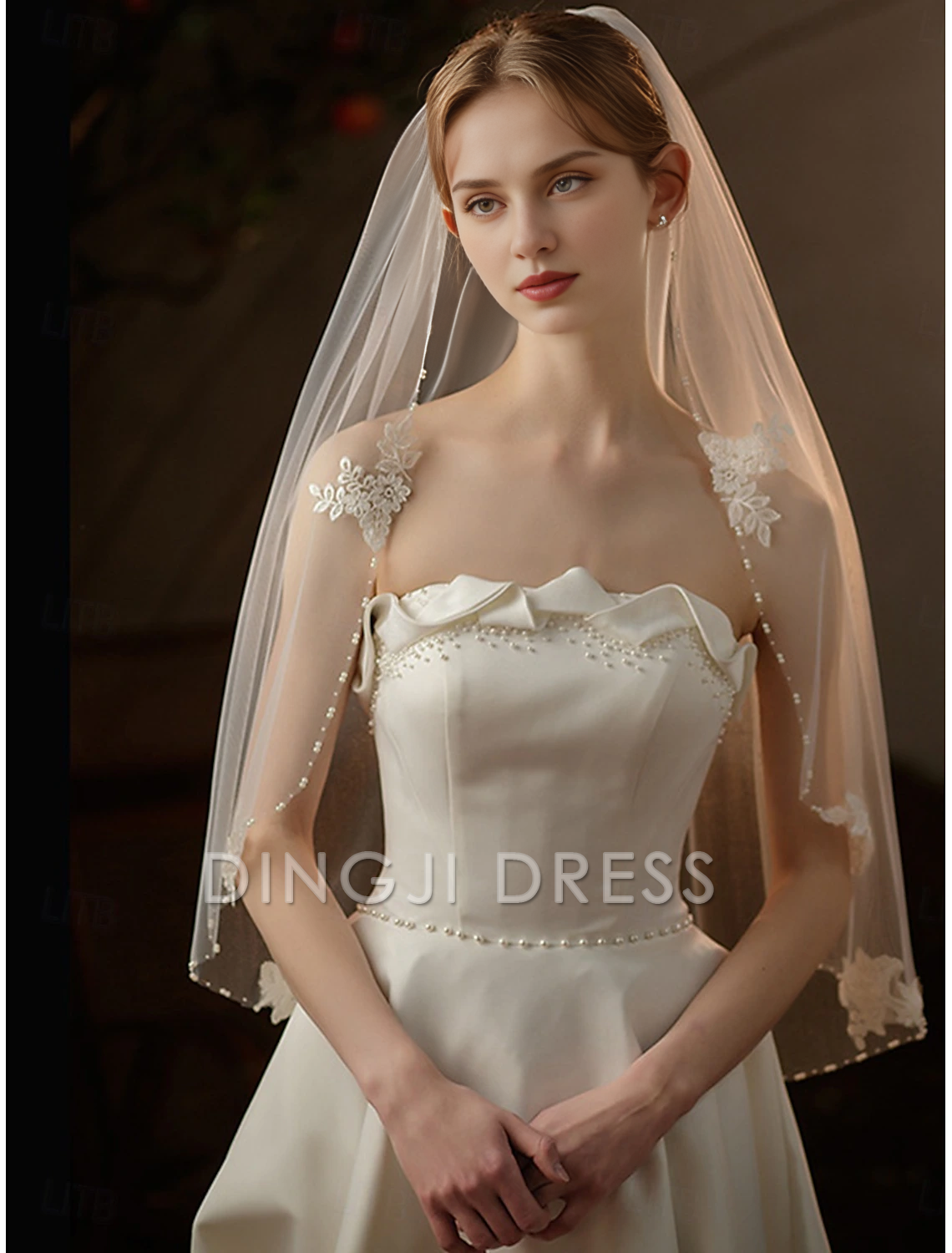 DingJi One-tier Comtemporary Stylish Wedding Veil Elbow Veils Satin Romantic Flower Tulle Hot Sale Veil