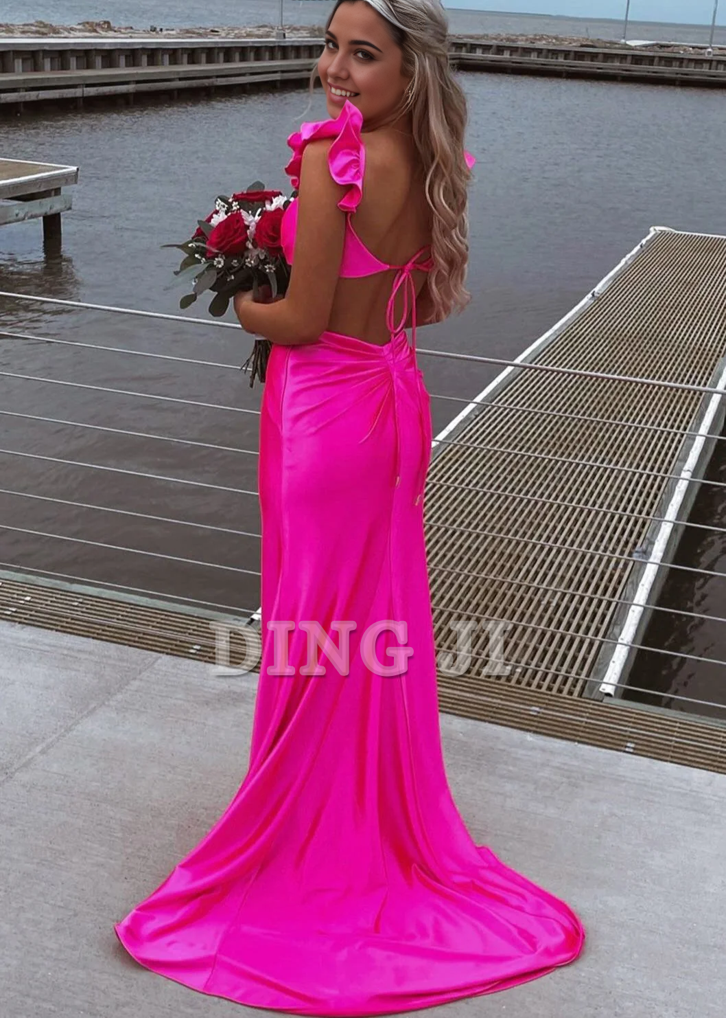 DingJiDress Sexy Evening Dress Flutter Sleeve Cutout Mermaid Fitted Gown Lace up Backless Exquisite Charming Formal Wear Dresses Wedding Guest Dresses