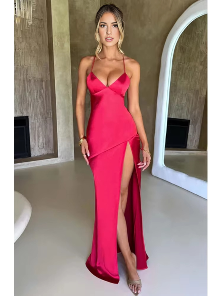 DingJiDress Evening Dress Bandage Backless Elegant Dress Side Fork Spaghetti Strap Slim Cocktail Party Club Fashion Satin Solid Lace-Up Long Dresses Formal Wear Dresses