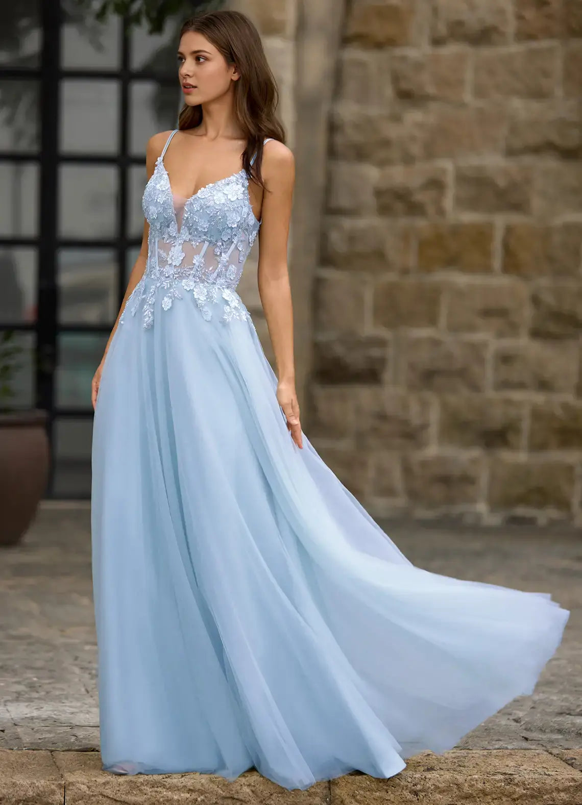 Blue Fashion A-line Spaghetti Strap Deep V Neck Bead String Flower Backless Exquisite Affordable Formal Dress Exquisite Prom Dress