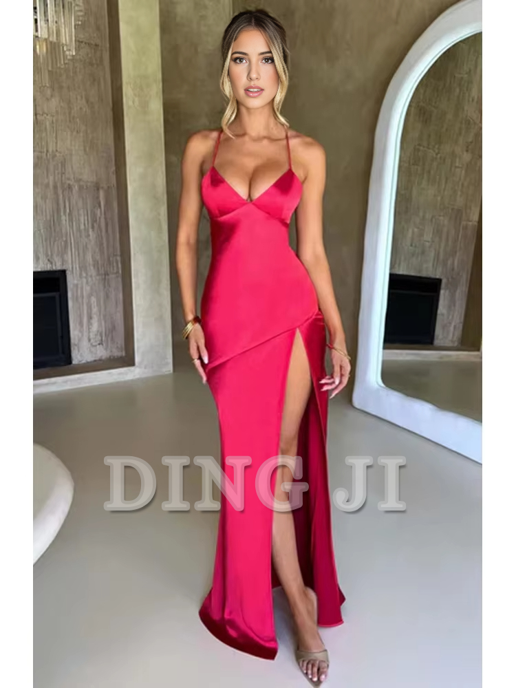 DingJiDress Evening Dress Bandage Backless Elegant Dress Side Fork Spaghetti Strap Slim Cocktail Party Club Fashion Satin Solid Lace-Up Long Dresses Formal Wear Dresses