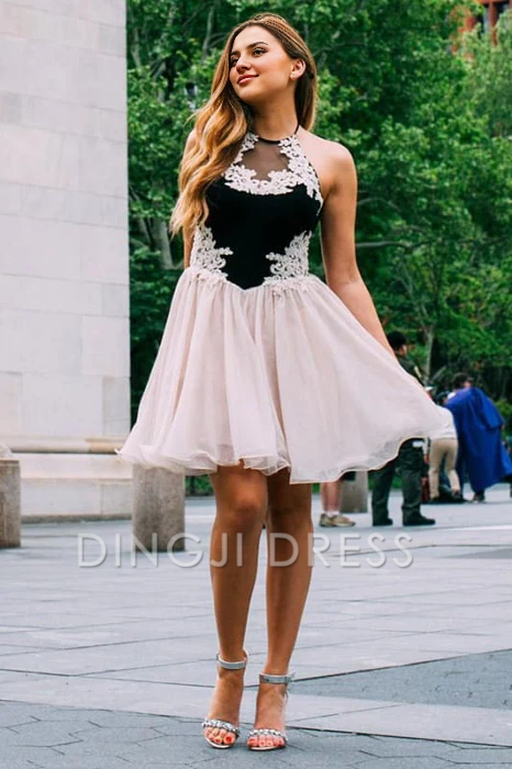 DingJiDress Short Prom Dress A-Line Halter Chiffon Lace Applique Sweet Best Selling Homecoming Dress