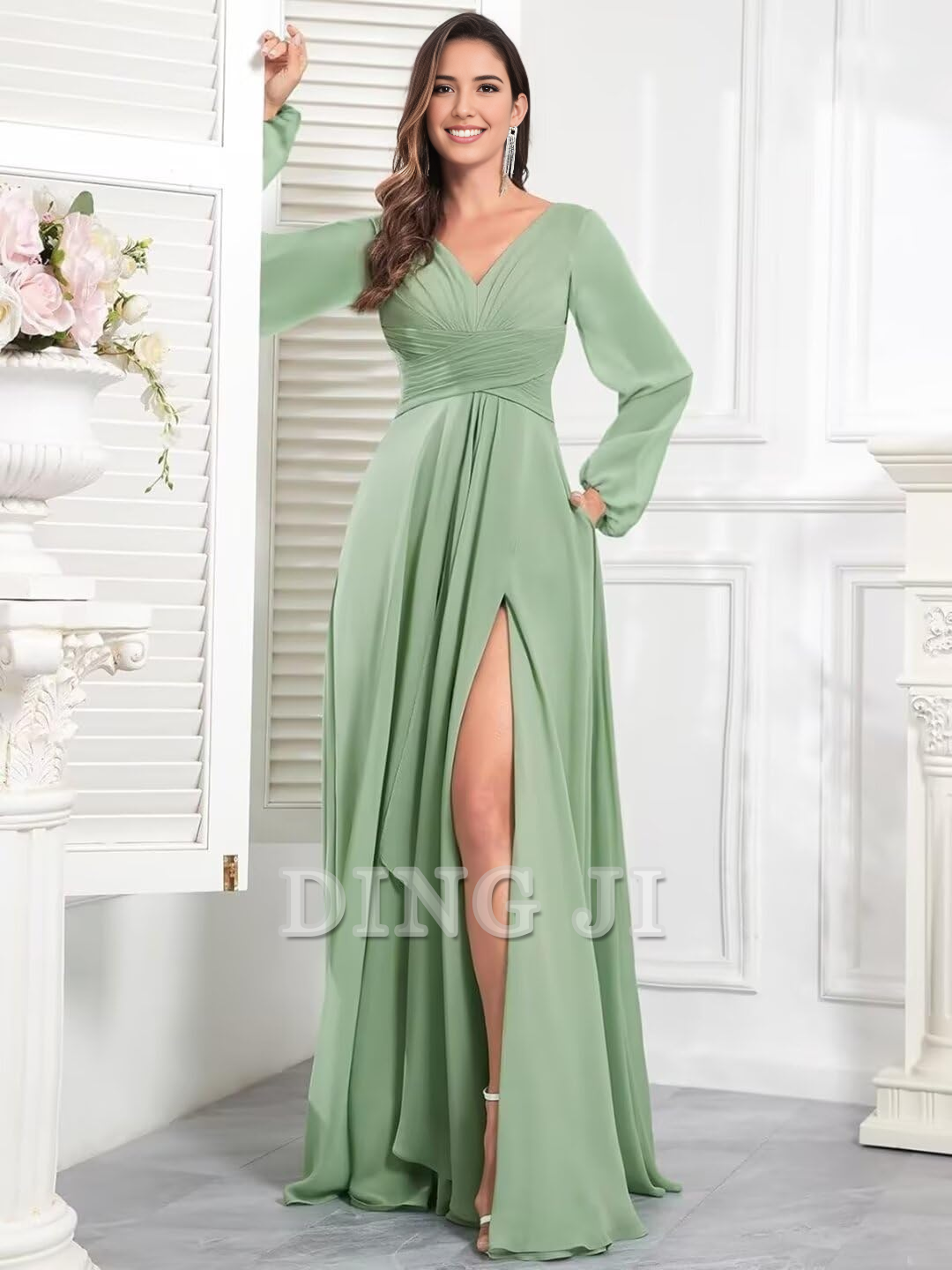 DingJiDress Bridesmaid Dresses Elegant Chiffon Long Sleeves V Neck Ruffle Side Fork Long Formal Wear Dresses