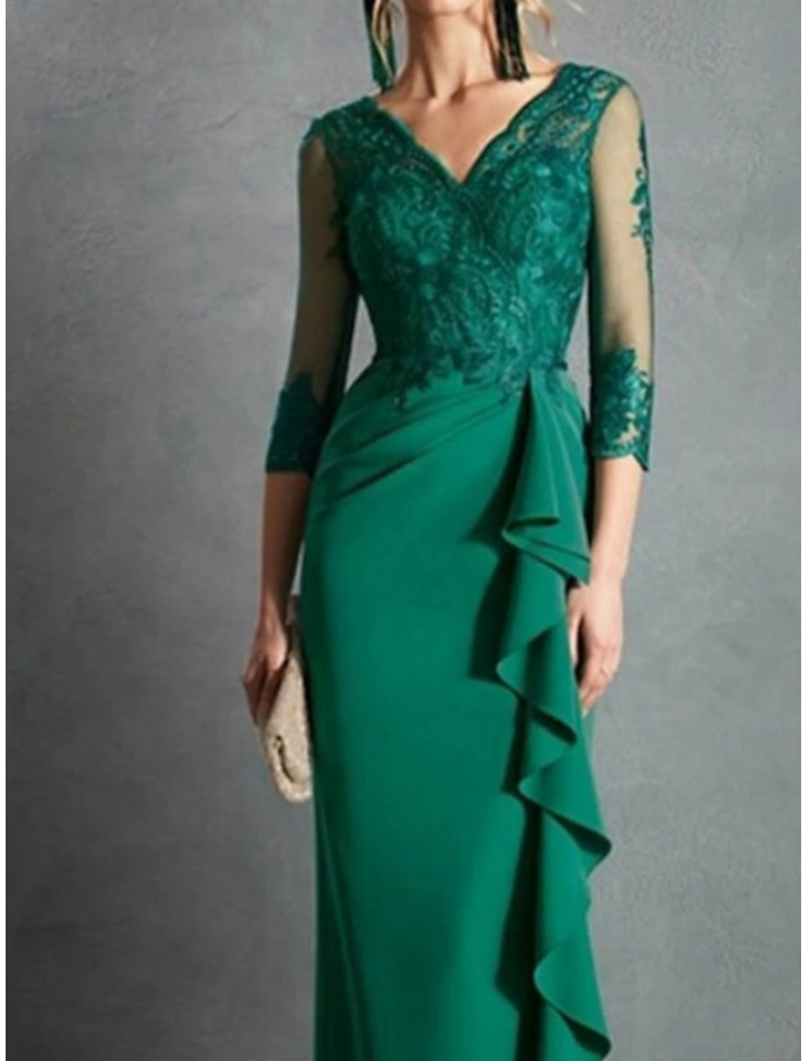 Sheath / Column Mother of the Bride Dress Formal Party Elegant V Neck Floor Length Stretch Fabric 3/4 Length Sleeve with Lace Ruffles
