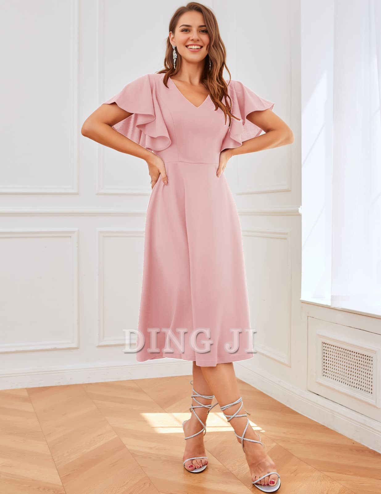 DingJiDress Bridesmaid Dresses A Line V Neck Short Sleeve Elegant Simple Tea-Length Formal Wear Dresses