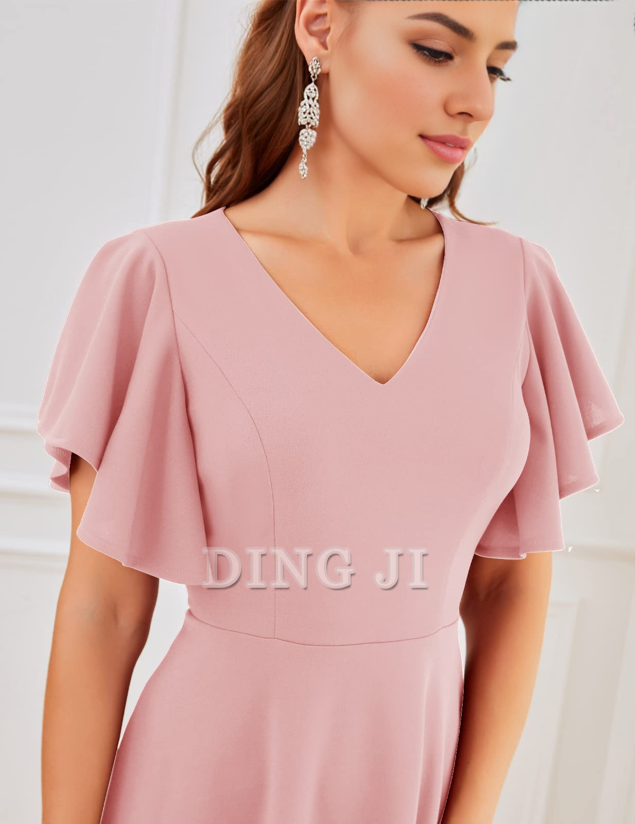 DingJiDress Bridesmaid Dresses A Line V Neck Short Sleeve Elegant Simple Tea-Length Formal Wear Dresses