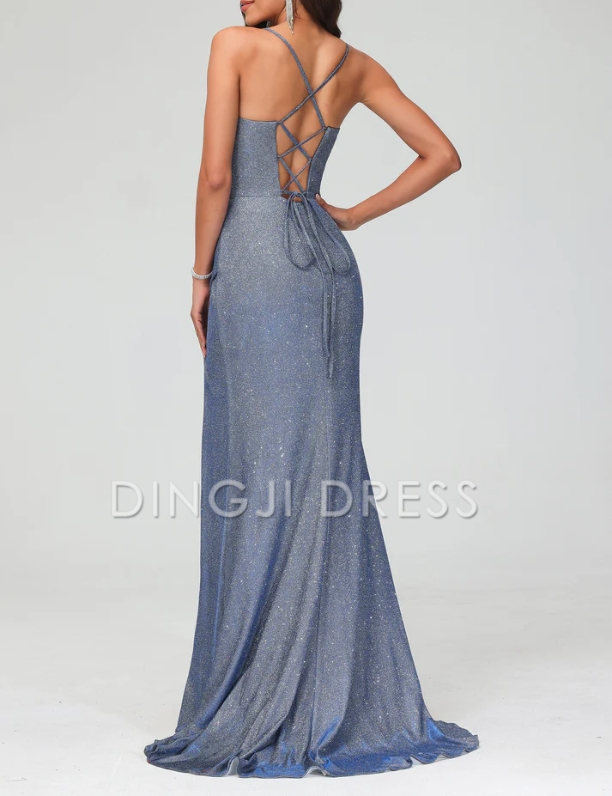 DingJiDress Evening Dress Sheath Spaghetti Strap Sleeveless Pleated Sheath Glitter Sweep Train High Slit Backless High Quality Formal Dress