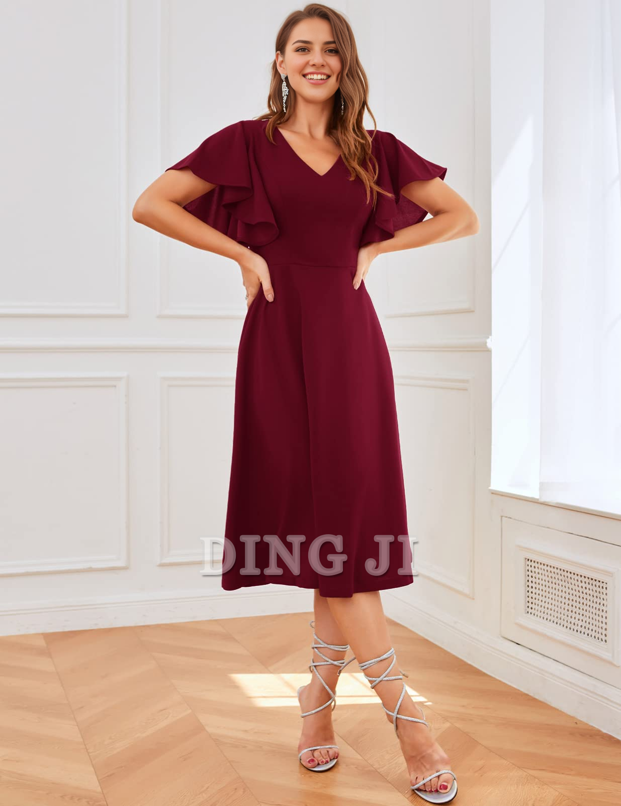 DingJiDress Bridesmaid Dresses A Line V Neck Short Sleeve Elegant Simple Tea-Length Formal Wear Dresses
