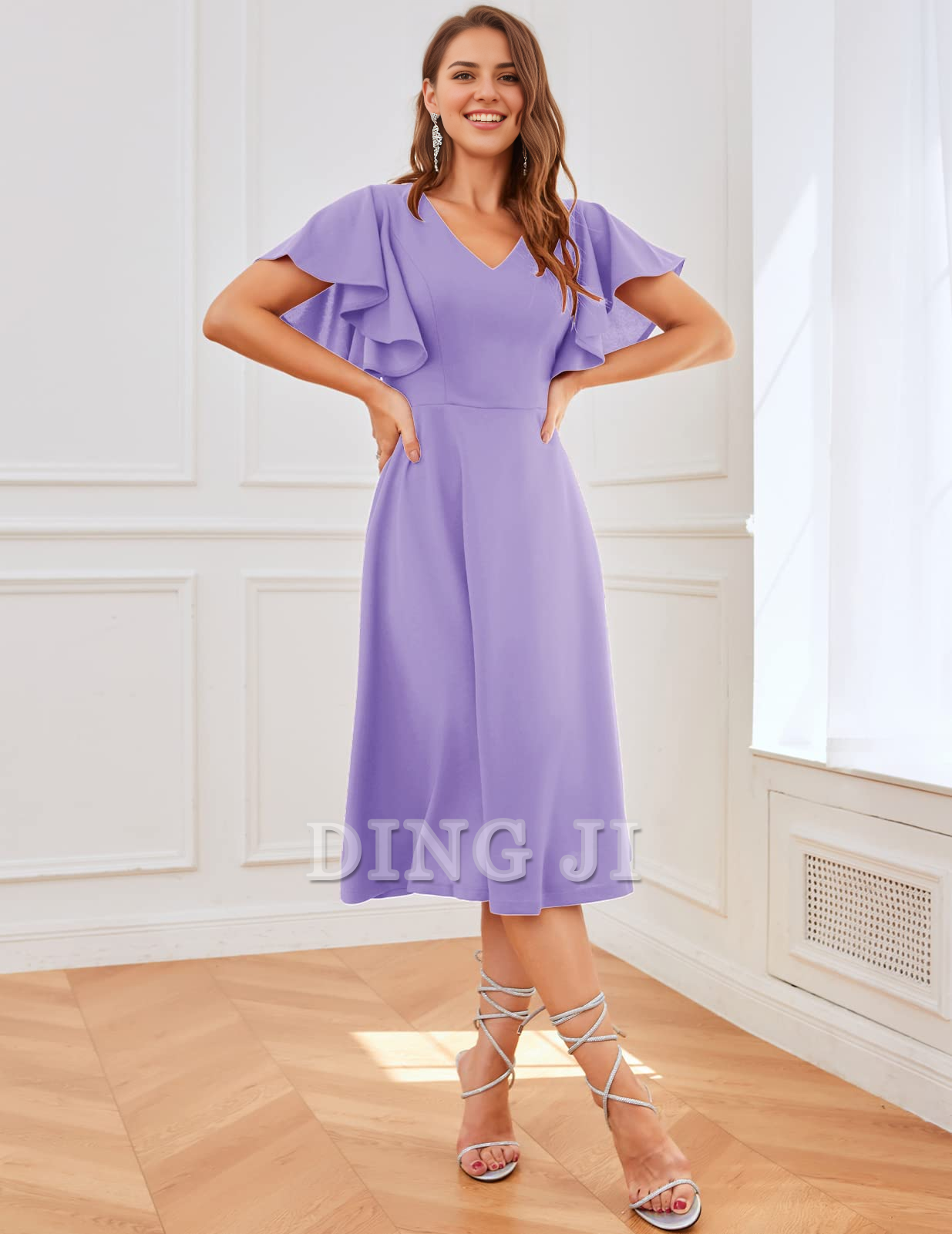 DingJiDress Bridesmaid Dresses A Line V Neck Short Sleeve Elegant Simple Tea-Length Formal Wear Dresses