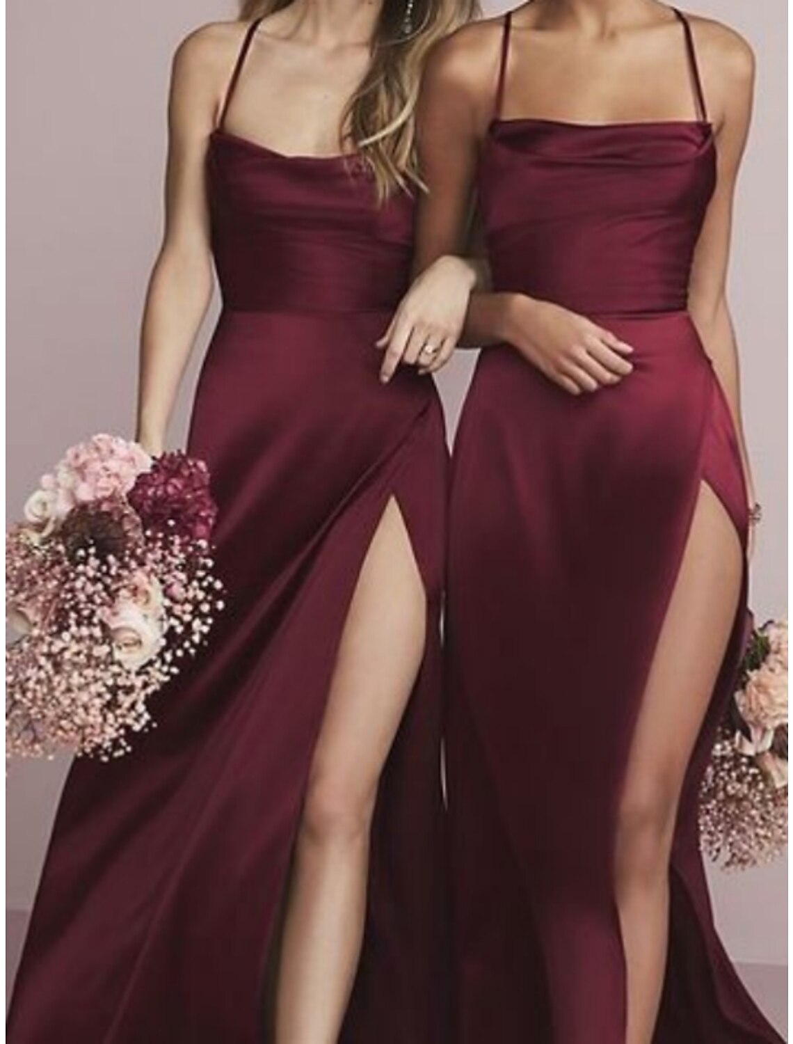 Sheath / Column Bridesmaid Dress Spaghetti Strap Sleeveless Elegant Floor Length Charmeuse with Split Front / Ruching