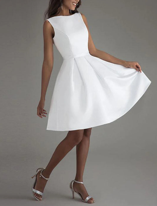 DingJiDress Hot Sale Short Prom Dress A-Line Cocktail Dresses Minimalist Dress Wedding Guest Knee Length Sleeveless Boat Neck Satin V Back with Sleek Bow(s) Pure Color Simple New Homecoming Dress