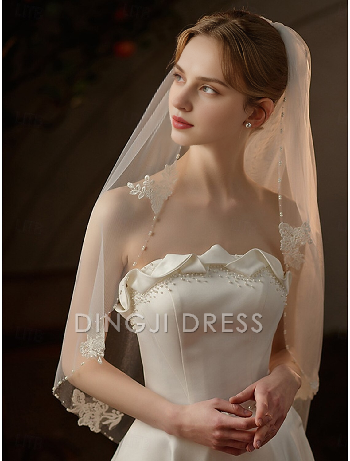 DingJi One-tier Comtemporary Stylish Wedding Veil Elbow Veils Satin Romantic Flower Tulle Hot Sale Veil