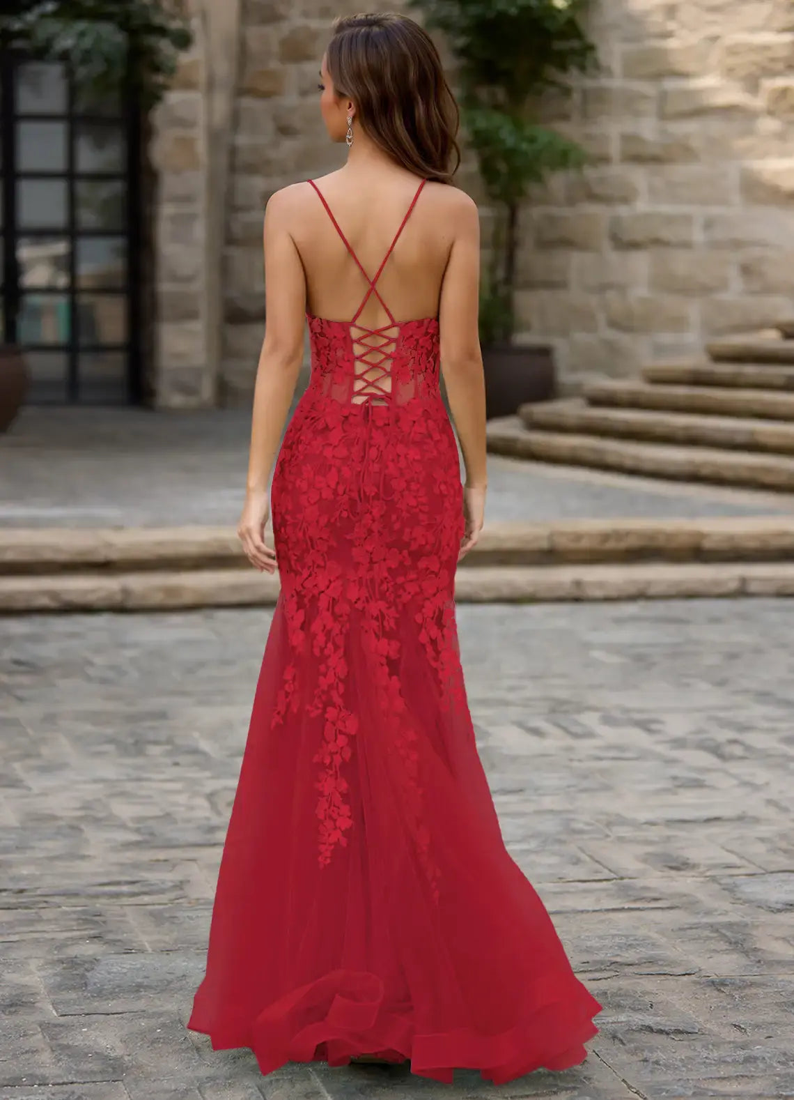 Elegant Red Mermaid Spaghetti Strap Deep V Neck Lace Applique Backless Affordable Formal Dress Exquisite Prom Dress
