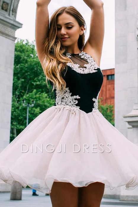 DingJiDress Short Prom Dress A-Line Halter Chiffon Lace Applique Sweet Best Selling Homecoming Dress