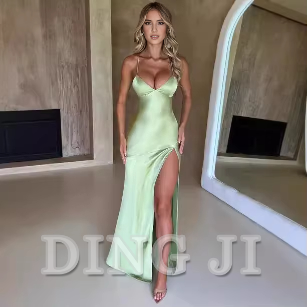 DingJiDress Evening Dress Bandage Backless Elegant Dress Side Fork Spaghetti Strap Slim Cocktail Party Club Fashion Satin Solid Lace-Up Long Dresses Formal Wear Dresses
