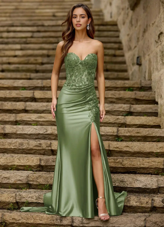 Olive Charming Mermaid Strapless Sweetheart Neckline Sequin Lace Applique Side Fork Backless Sparkle Affordable Formal Dress Exquisite Prom Dress