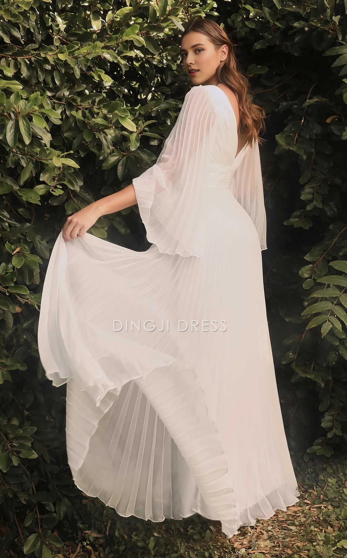 DingJiDress Hot Sale Wedding Dress Flutter A Line Deep V Neck Angel Sleeves Pleated Exquisite Fashion Formal Wear Dresses