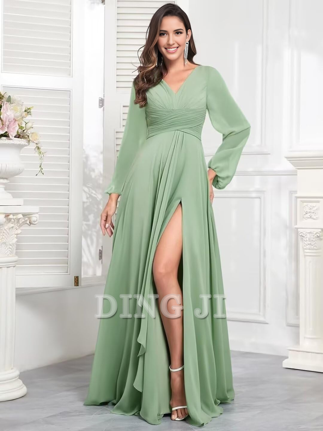 DingJiDress Bridesmaid Dresses Elegant Chiffon Long Sleeves V Neck Ruffle Side Fork Long Formal Wear Dresses