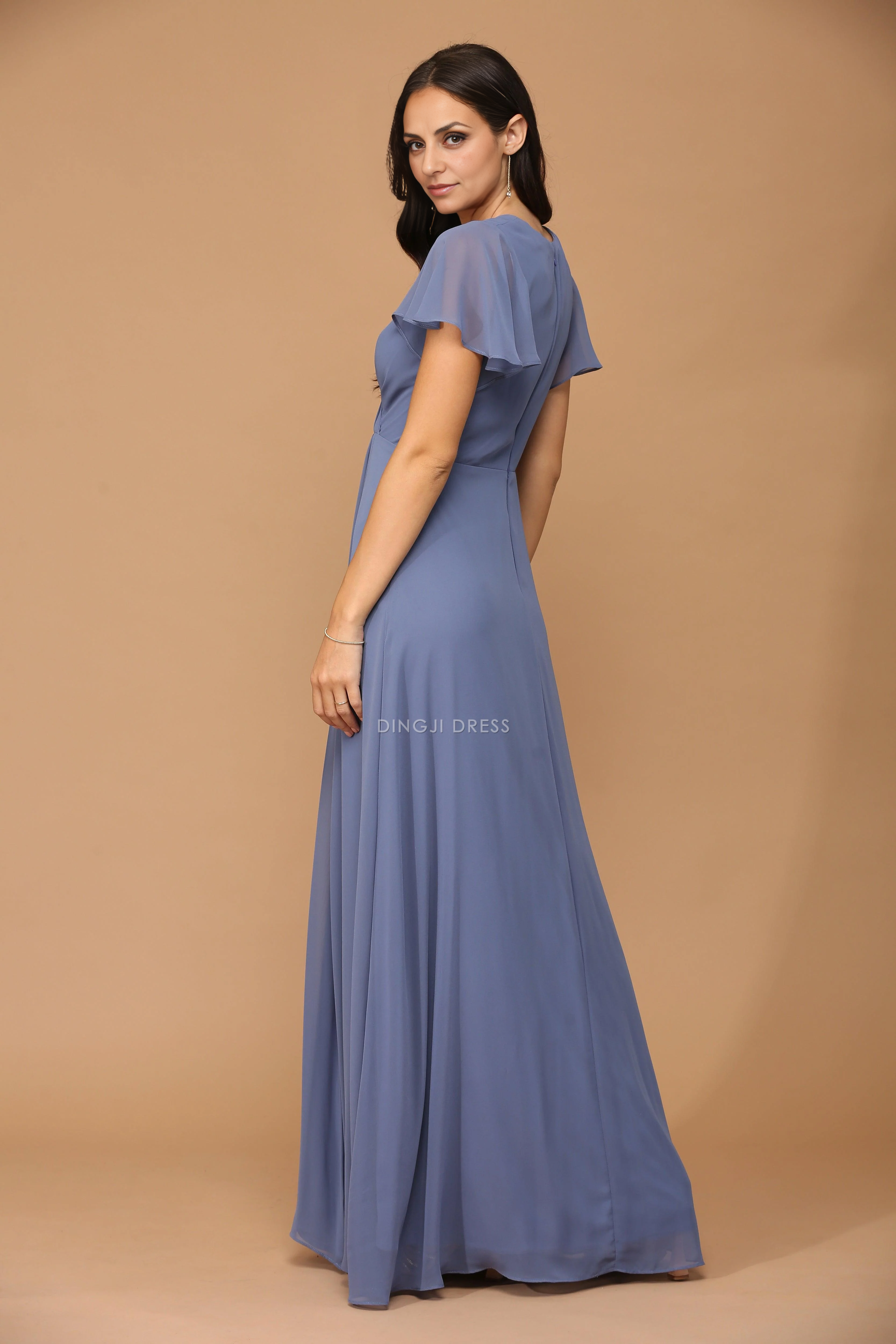 DingJiDress Evening Dress V Neck Short Sleeve Pleated Side Fork Elegant Long Mother Of The Bride Dress