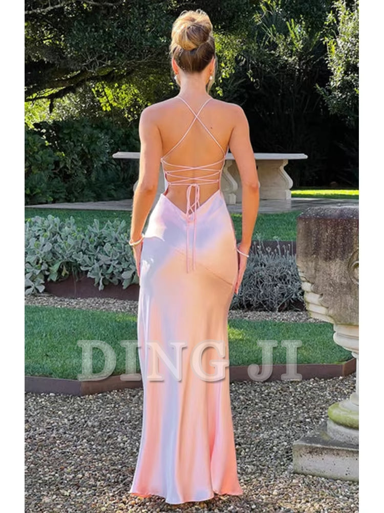 DingJiDress Evening Dress Bandage Backless Elegant Dress Side Fork Spaghetti Strap Slim Cocktail Party Club Fashion Satin Solid Lace-Up Long Dresses Formal Wear Dresses