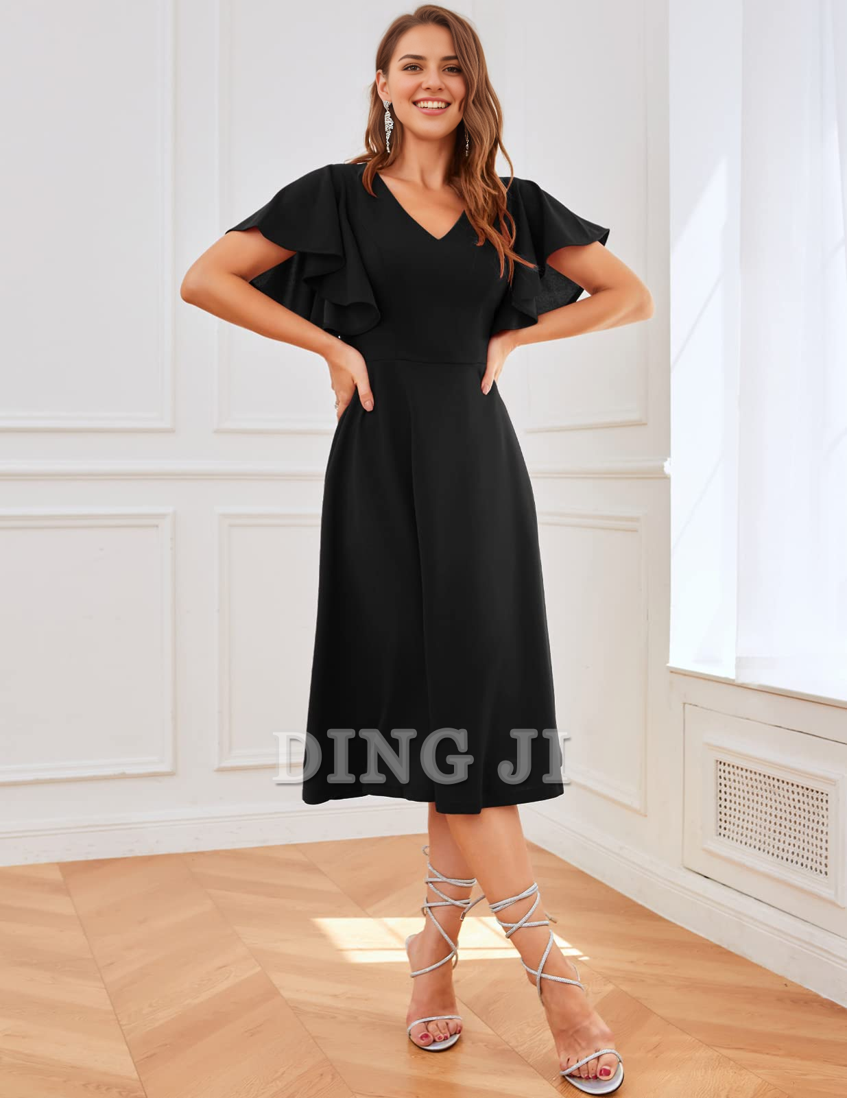 DingJiDress Bridesmaid Dresses A Line V Neck Short Sleeve Elegant Simple Tea-Length Formal Wear Dresses