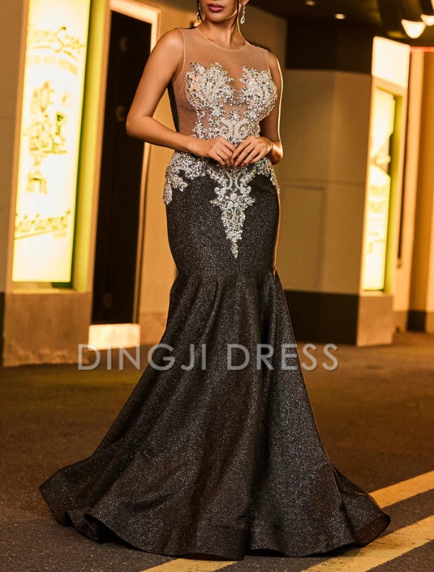 DingJiDress High Quality Luxurious Mermaid Sleeveless Applique Backless Sweep Train Evening Dress