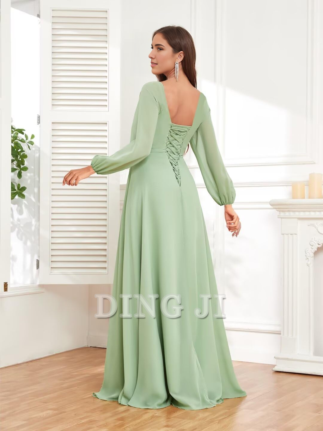 DingJiDress Bridesmaid Dresses Elegant Chiffon Long Sleeves V Neck Ruffle Side Fork Long Formal Wear Dresses
