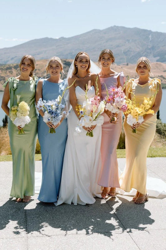 Fashion Sheath Bateau Neck Bow Sleeveless Backless with Slit Low Cost Ankle Length Bridesmaid Dresses
