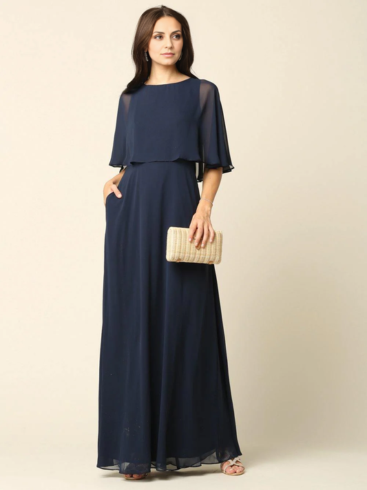 DingJiDress Evening Dress Elegant A-Line Round Neck cape Long Mother Of The Bride Dress
