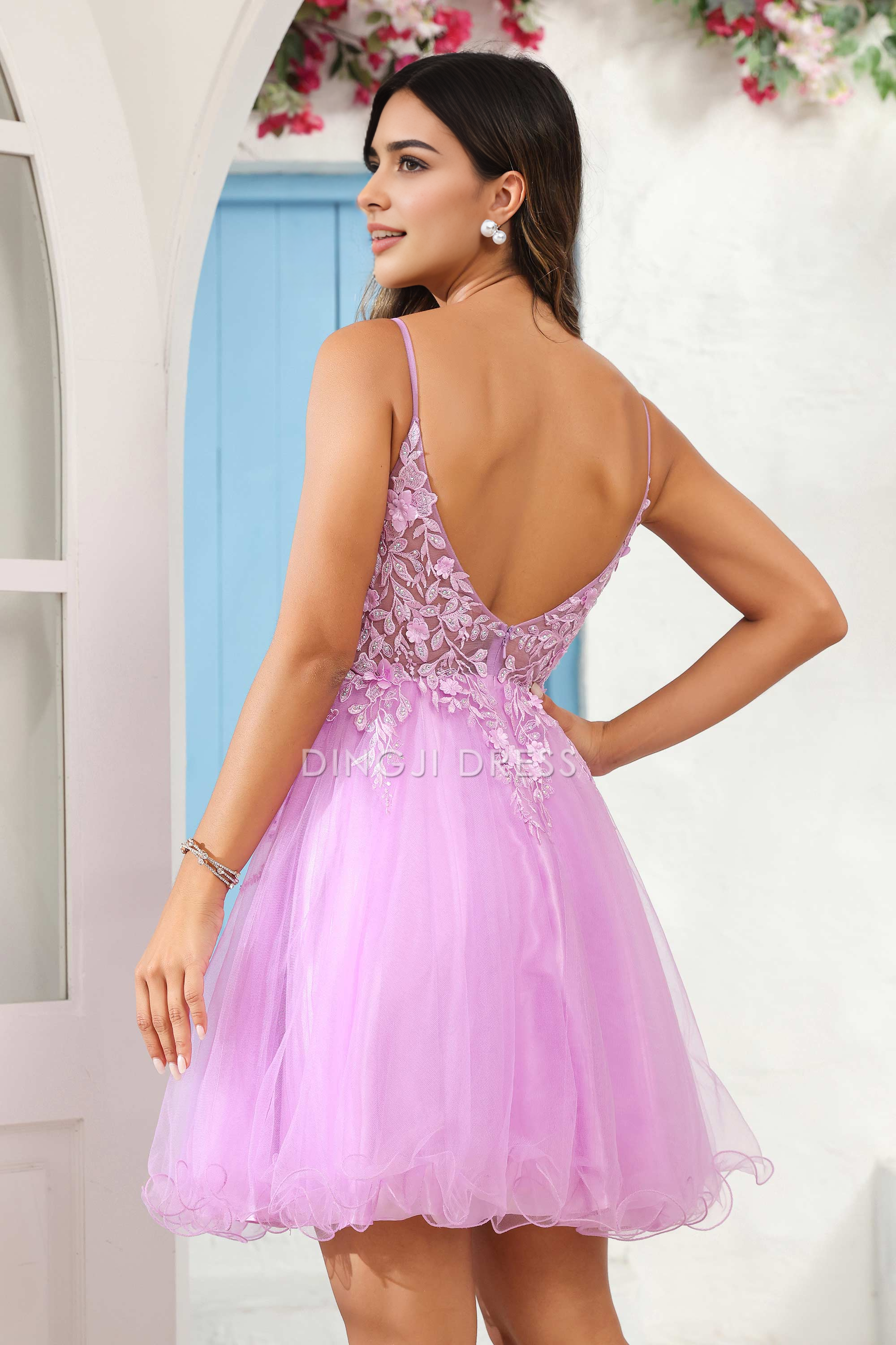 DingJiDress Hot Sale Homecoming Dress Exquisite A Line V Neck See-Through Applique Tulle Backless Mini Dress