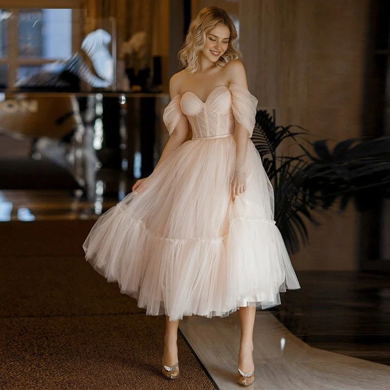 DingJiDress Evening Dress A Line Sweetheart Off Shoulder Tulle Tea Length Backless Elegant Youthful Formal Women's Dresses Wedding Guest Dresses