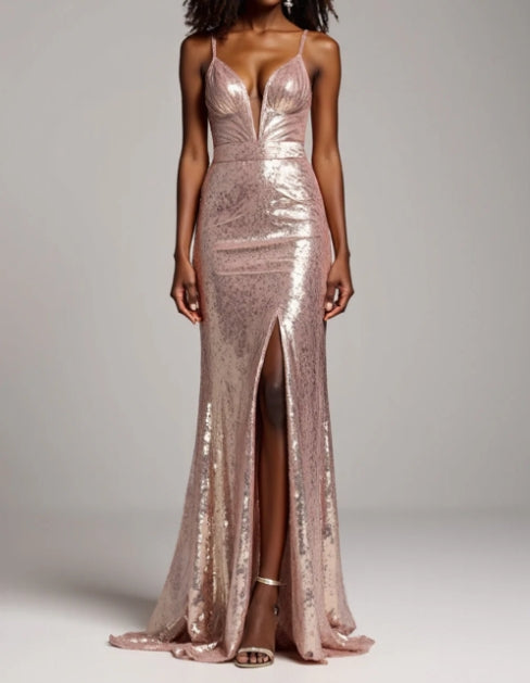 DingJiDress High Quality Dress Sparkly Sheath Deep V Neck Spaghetti Strap Backless Long With Sequins Prom Dress
