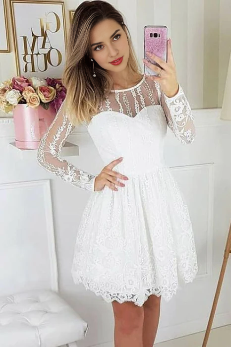 DingJiDress Short Prom Dress A-Line Round Neck Long Sleeves Lace Elegant Party Dress Best Selling Homecoming Dress
