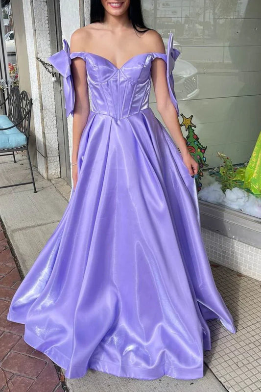 DingJiDress Elegant A Line Sweetheart Off the Shoulder Satin with Cute Bow Prom Dress