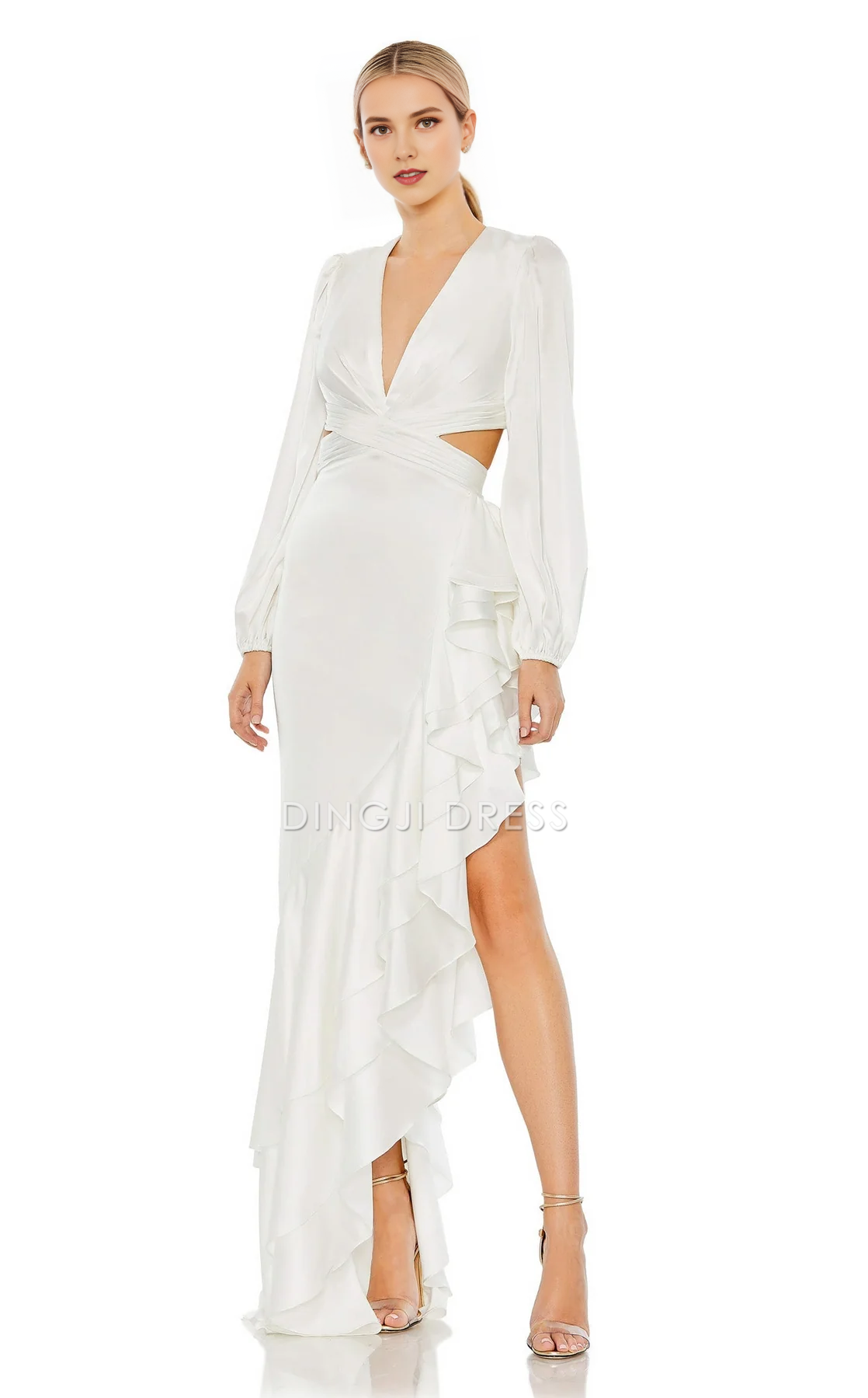 DingJiDress Hot Sale Wedding Dress Unique Sheath V Neck Long Sleeves Crossover Fitted Bodice Asymmetrical Ruched Hemline Fashion Formal Wear Dresses