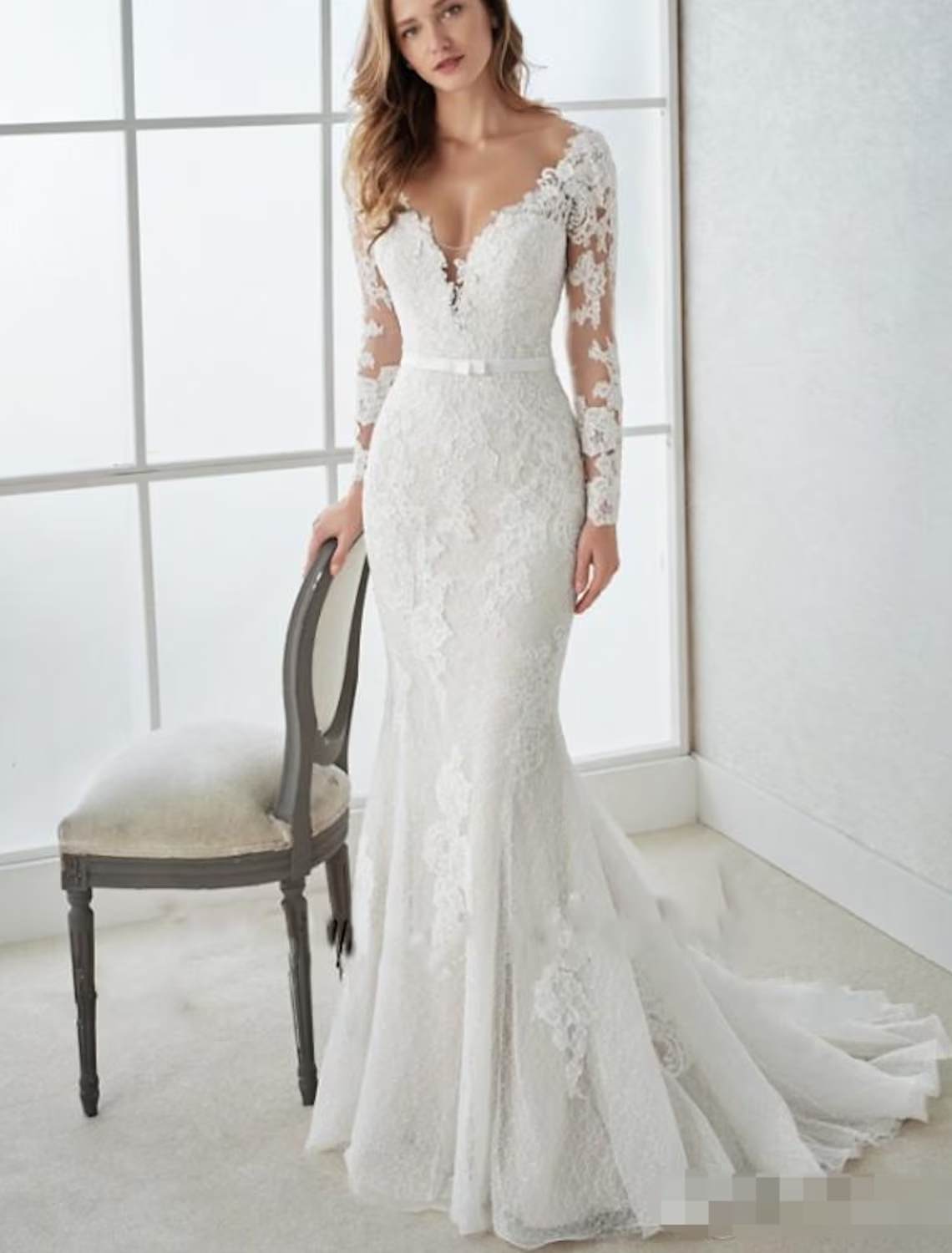 Engagement Open Back Formal Wedding Dresses Long Sleeve V Neck Lace With