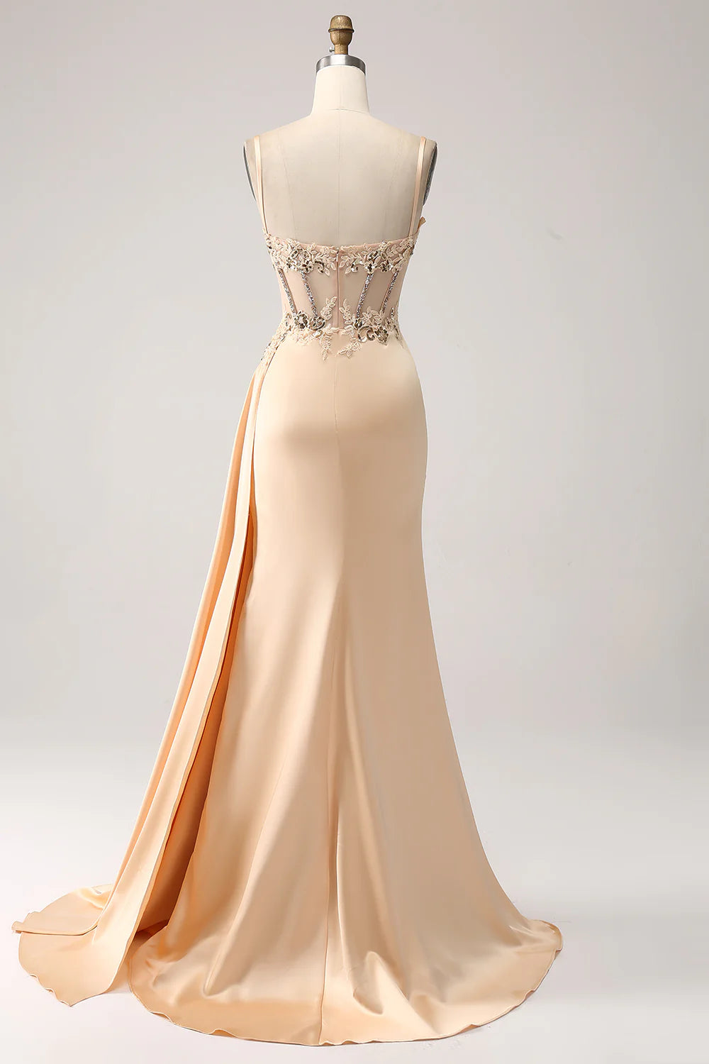 DingJiDress Elegant Champagne Mermaid Pleated Satin Prom Dress With Appliques