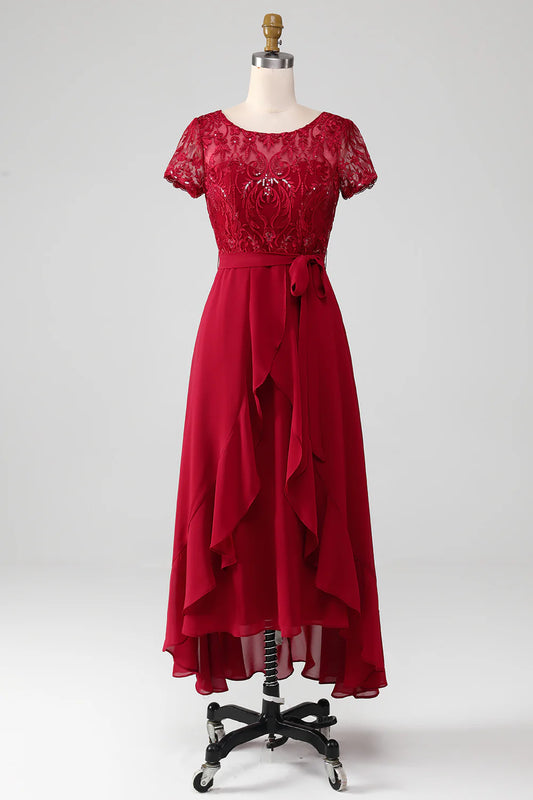 DingJiDress Elegant Fall Wedding Guest Dress Burgundy A Line Sparkly Sequin Mother of Bride Dress with Appliques