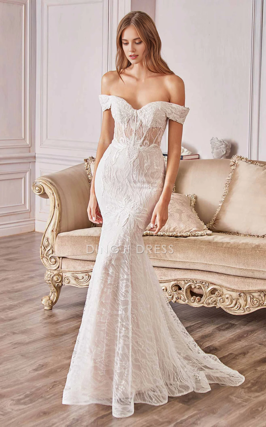 DingJiDress Hot Sale Wedding Dress Gorgeous Mermaid Strapless Off the shoulder sweetheart Neckline Exquisite Lace Sweep Train Formal Wear Dresses