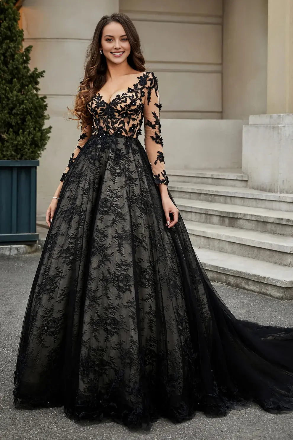 A Line Deep V Neck Lace Applique Long Sleeves Backless Chapel Train Hot Sale Wedding Dress