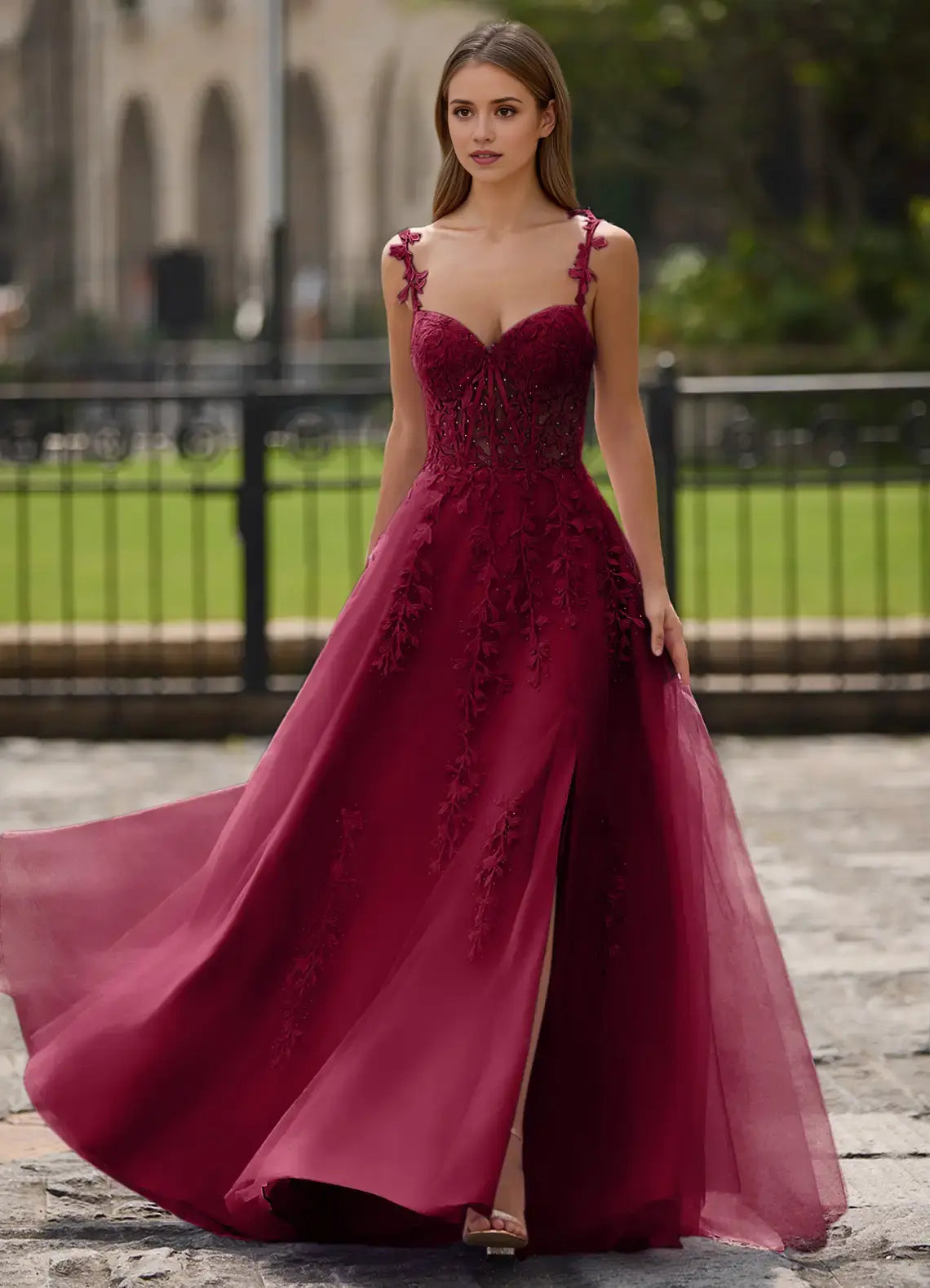 Burgundy A-line Sweetheart Neckline Spaghetti Strap Lace Applique Backless Affordable Formal Dress Cute Prom Dress