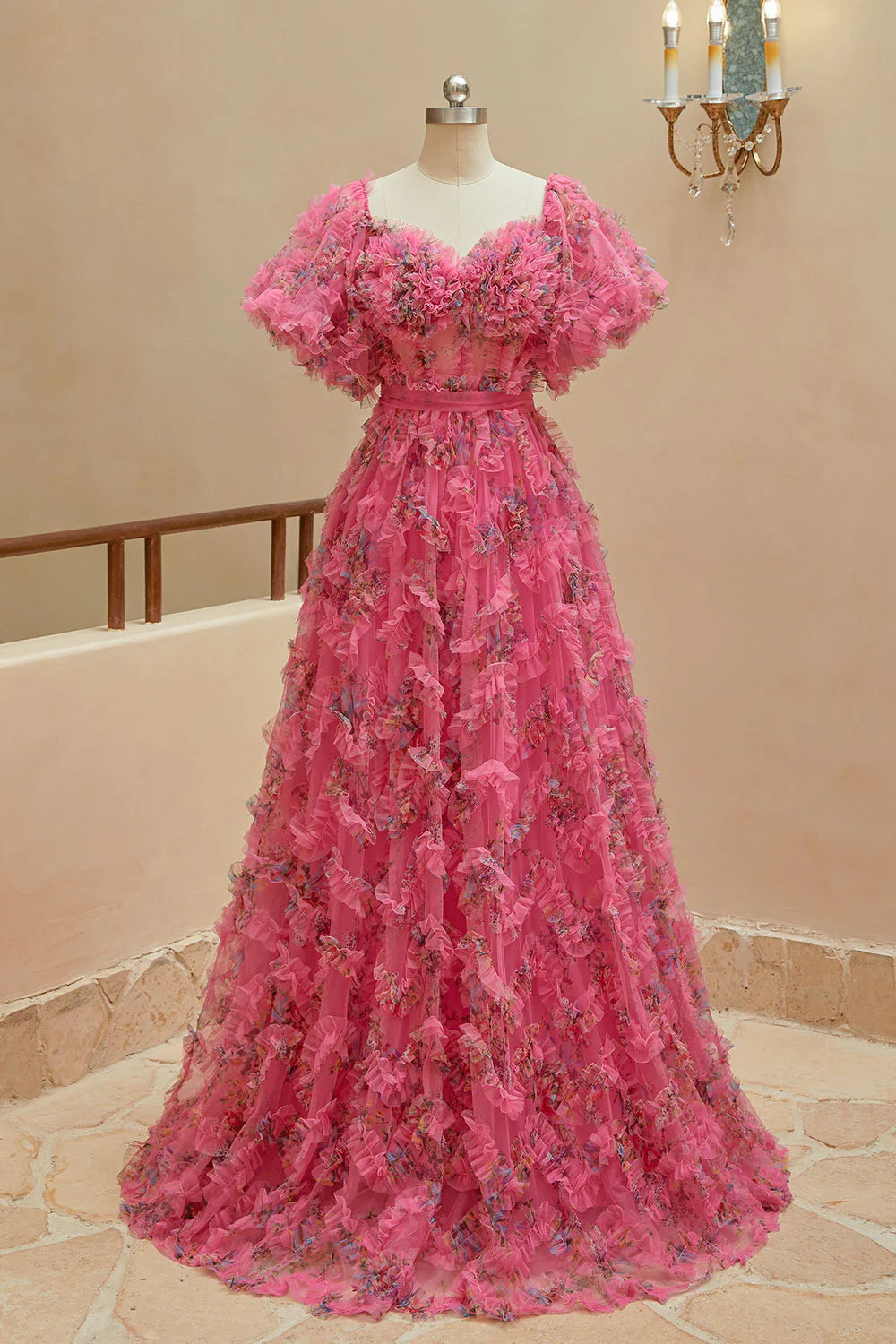 DingJiDress A Line Sweetheart Ruffles Sweep Train Floral Printed Chiffon Prom Dresses