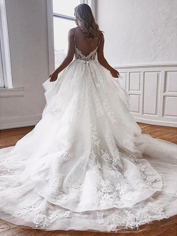 Spaghetti Strap V Neck A Line Tiered Wedding Dresses