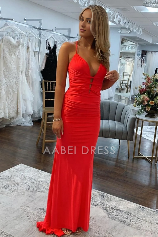 DingJiDress Satin Mermaid Spaghetti Straps Backless Lace Up Long Elegant Prom Dress