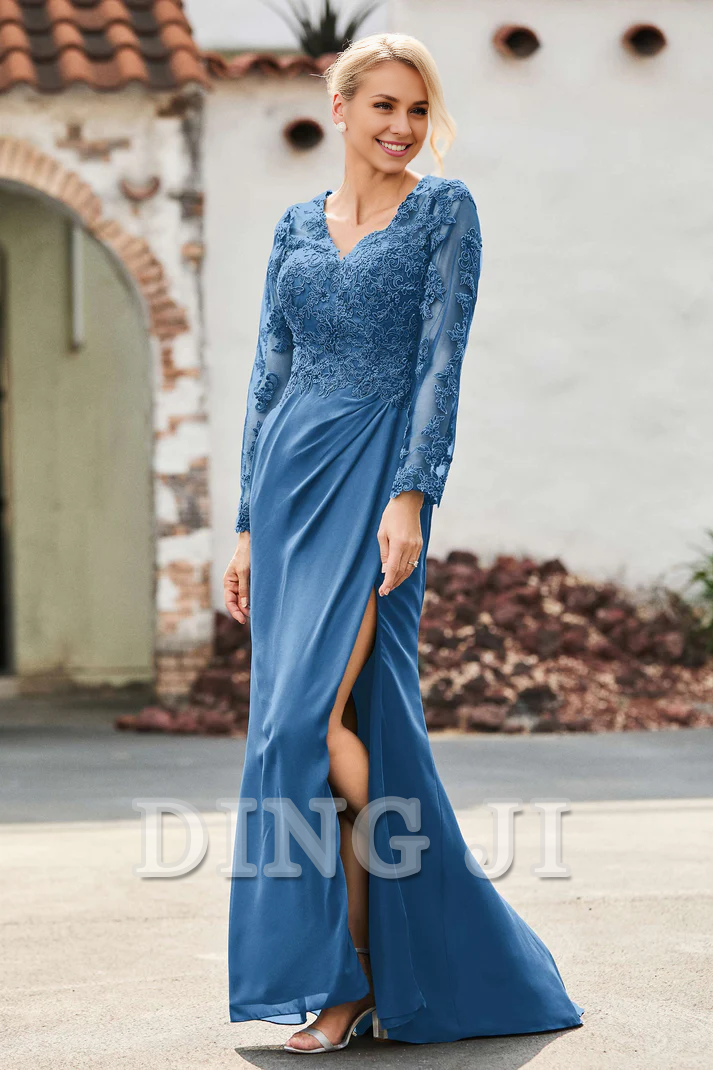 DingJiDress Mother of the Bride Dresses Lace Applique V-neck Long Sleeves High Slit Elegant Dignified Dress Wedding Guests Dresses