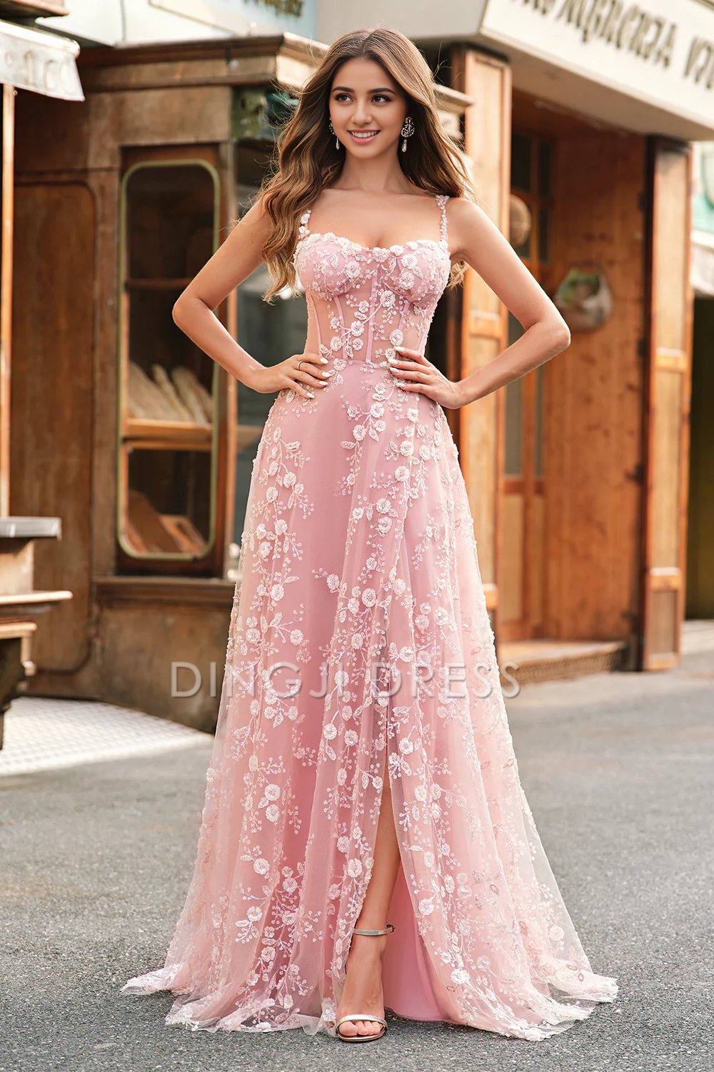 DingJiDress High Quality Dress Exquisite A Line Spaghetti Straps Romantic Floral Corset Long With Slit Prom Dress
