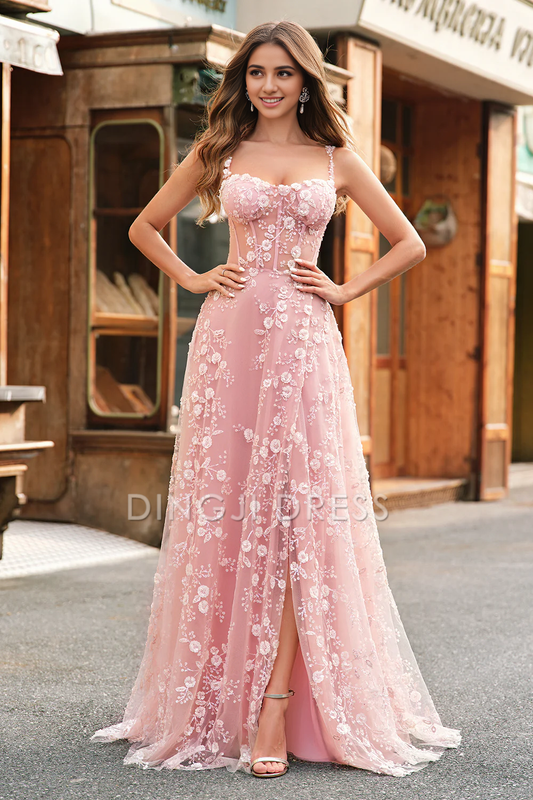 DingJiDress High Quality Dress Exquisite A Line Spaghetti Straps Romantic Floral Corset Long With Slit Prom Dress