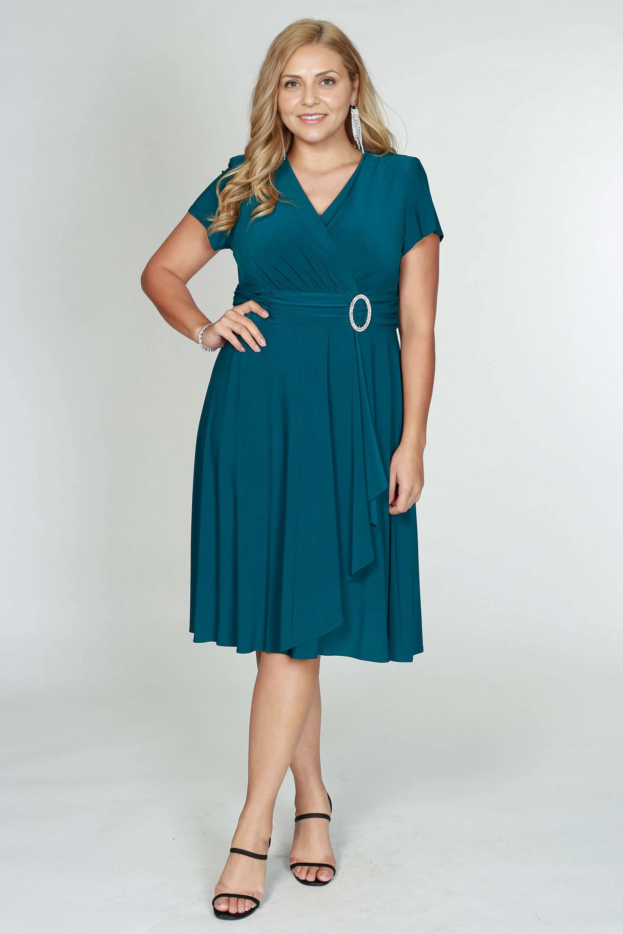 DingJiDress Evening Dress V Neck Short Sleeve Ruched Tea-Length Beautiful Modest Plus Size Mother Of The Bride Dress