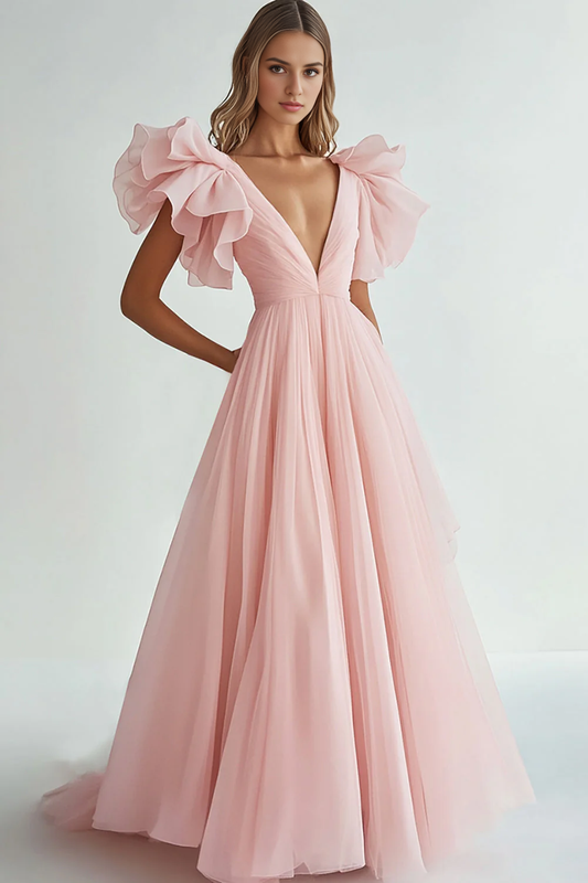DingJiDress High Quality Dress A Line Deep V Neck Romantic Chiffon Ruffles Long Fantastic Prom Dress