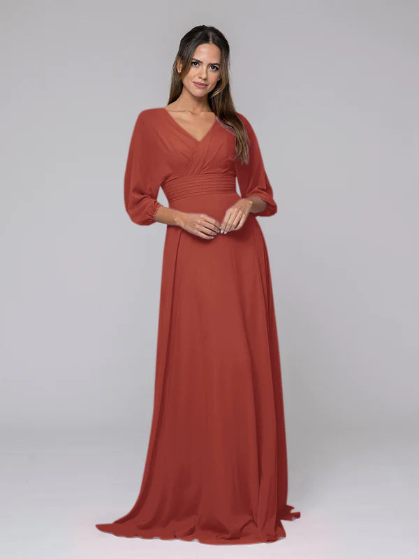 3/4 Lantern Sleeve V Neck Chiffon A Line Bridesmaid Dresses